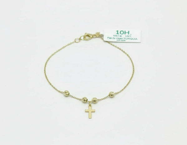 Pulsera con Cruz y Bolitas en Oro 10k medida de dama