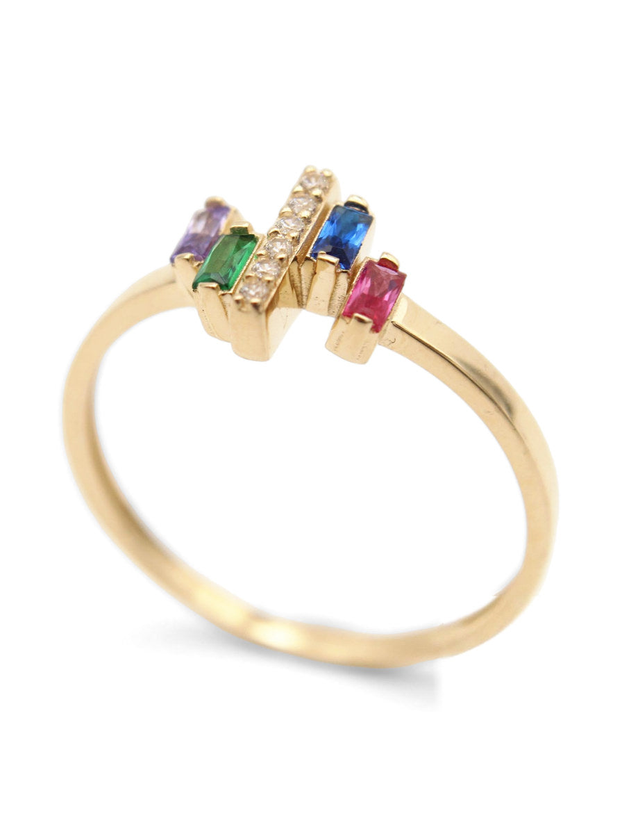 Anillo de oro 14k diseño de barra con circonias y baguettes de colores Mod 5987