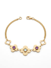 Pulsera de oro 14k doble cadena con flores de piedra morada y verde agua Mod 5992 - 18 cm
