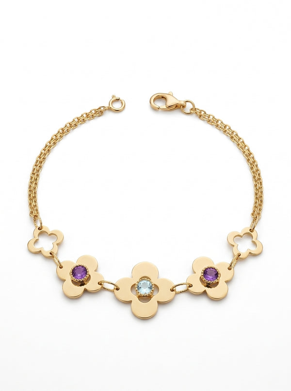 Pulsera de oro 14k doble cadena con flores de piedra morada y verde agua Mod 5992 - 18 cm