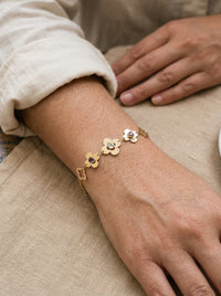 Pulsera de oro 14k doble cadena con flores de piedra morada y verde agua Mod 5992 - 18 cm