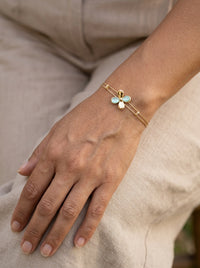 Pulsera de oro 14k doble hilo diamantado con flor verde agua Mod 5993 - 18 cm