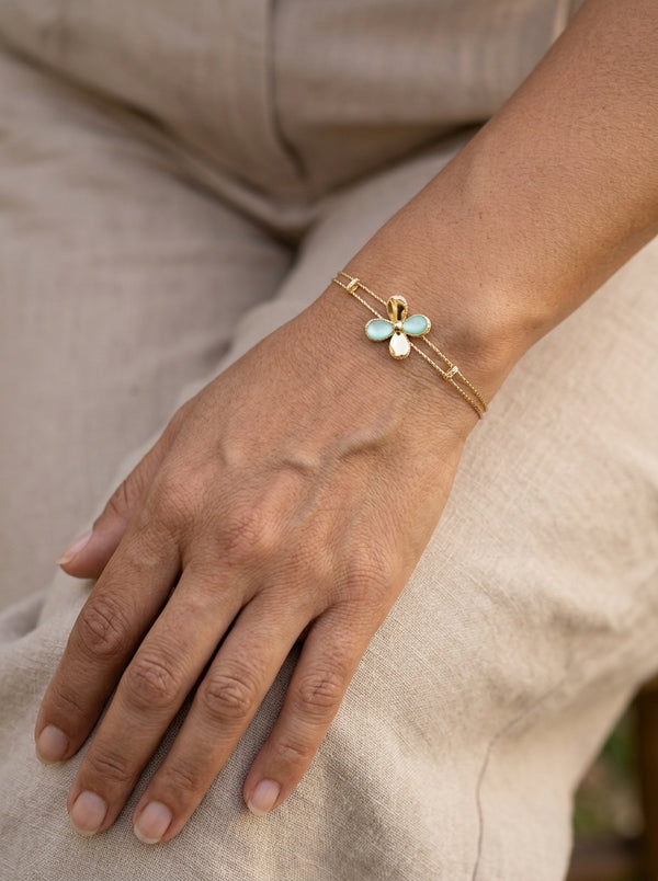 Pulsera de oro 14k doble hilo diamantado con flor verde agua Mod 5993 - 18 cm