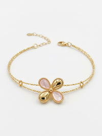 Pulsera de oro 14k doble hilo diamantado con flor rosa Mod 5994 - 18 cm