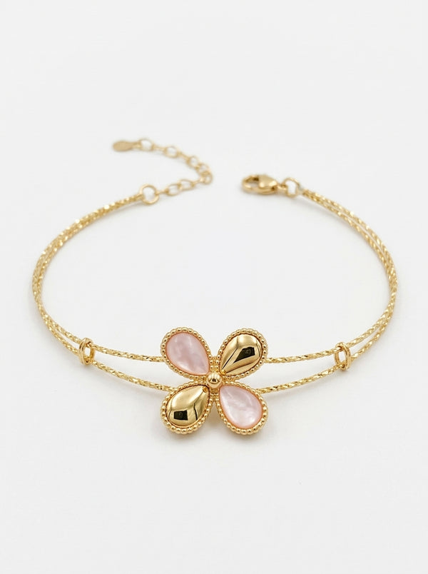Pulsera de oro 14k doble hilo diamantado con flor rosa Mod 5994 - 18 cm