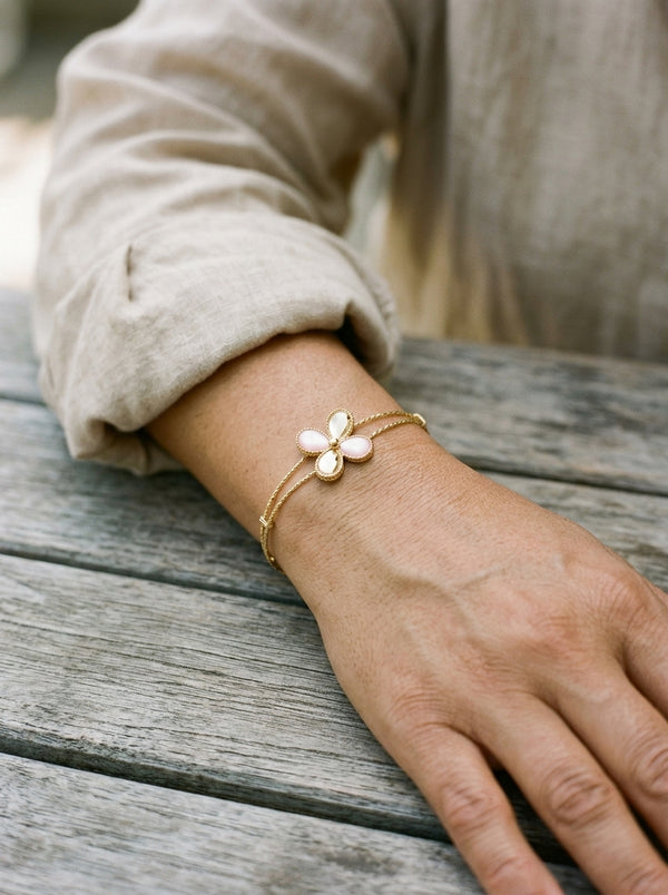Pulsera de oro 14k doble hilo diamantado con flor rosa Mod 5994 - 18 cm