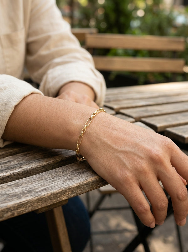Pulsera de oro 14k eslabones rectangulares largos y cortos Mod 5995 - 18 cm