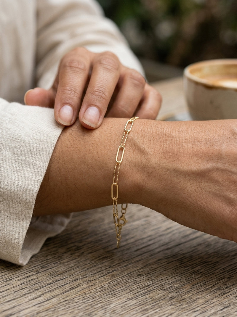 Pulsera de oro 14k paper clip con cadena diamantada Mod 5996 - 18 cm