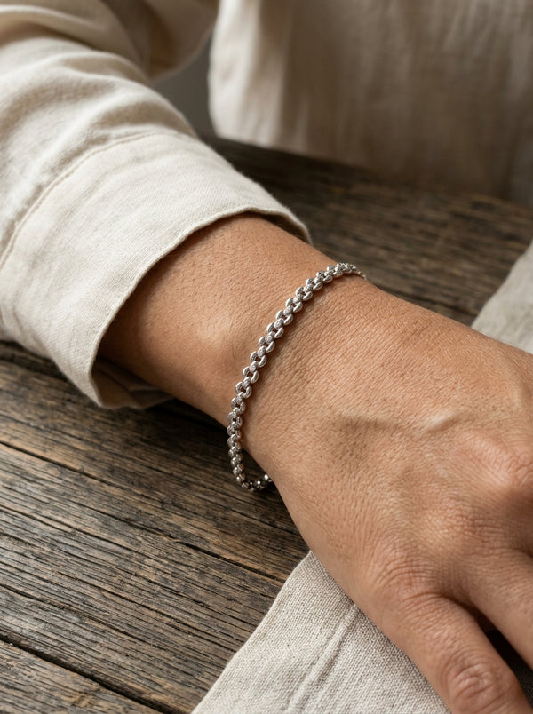 Pulsera de oro blanco 14k eslabones redondos entrelazados Mod 5997 - 18 cm
