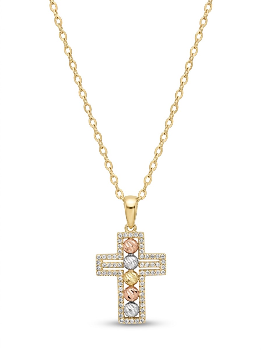 Gargantilla de oro 14k con dije de cruz con circonias y bolitas tricolor Mod 5999 - 45 cm