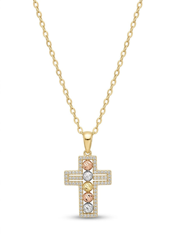 Gargantilla de oro 14k con dije de cruz con circonias y bolitas tricolor Mod 5999 - 45 cm