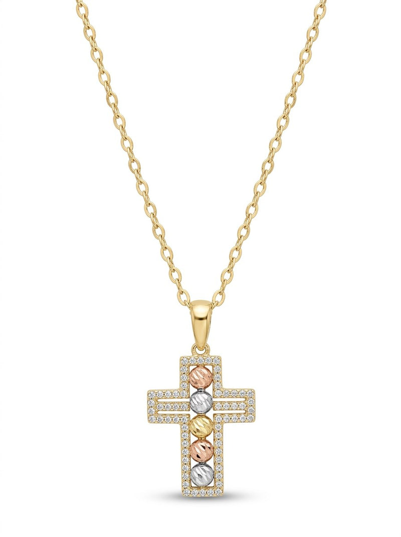 Gargantilla de oro 14k con dije de cruz con circonias y bolitas tricolor Mod 5999 - 45 cm