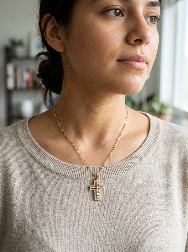 Gargantilla de oro 14k con dije de cruz con circonias y bolitas tricolor Mod 5999 - 45 cm