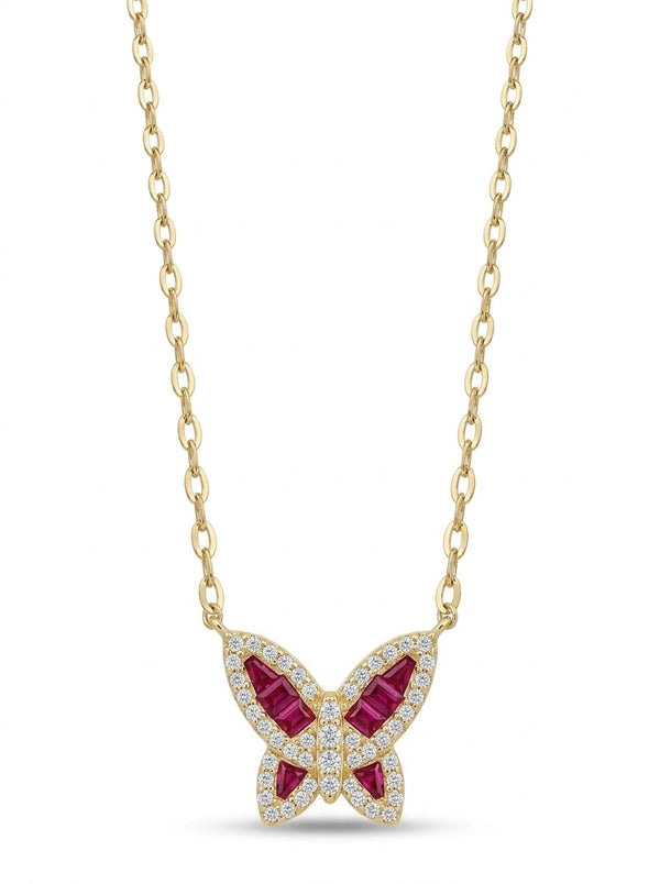 Gargantilla de oro 14k con mariposa de circonias rojas y blancas Mod 6000 - 45 cm