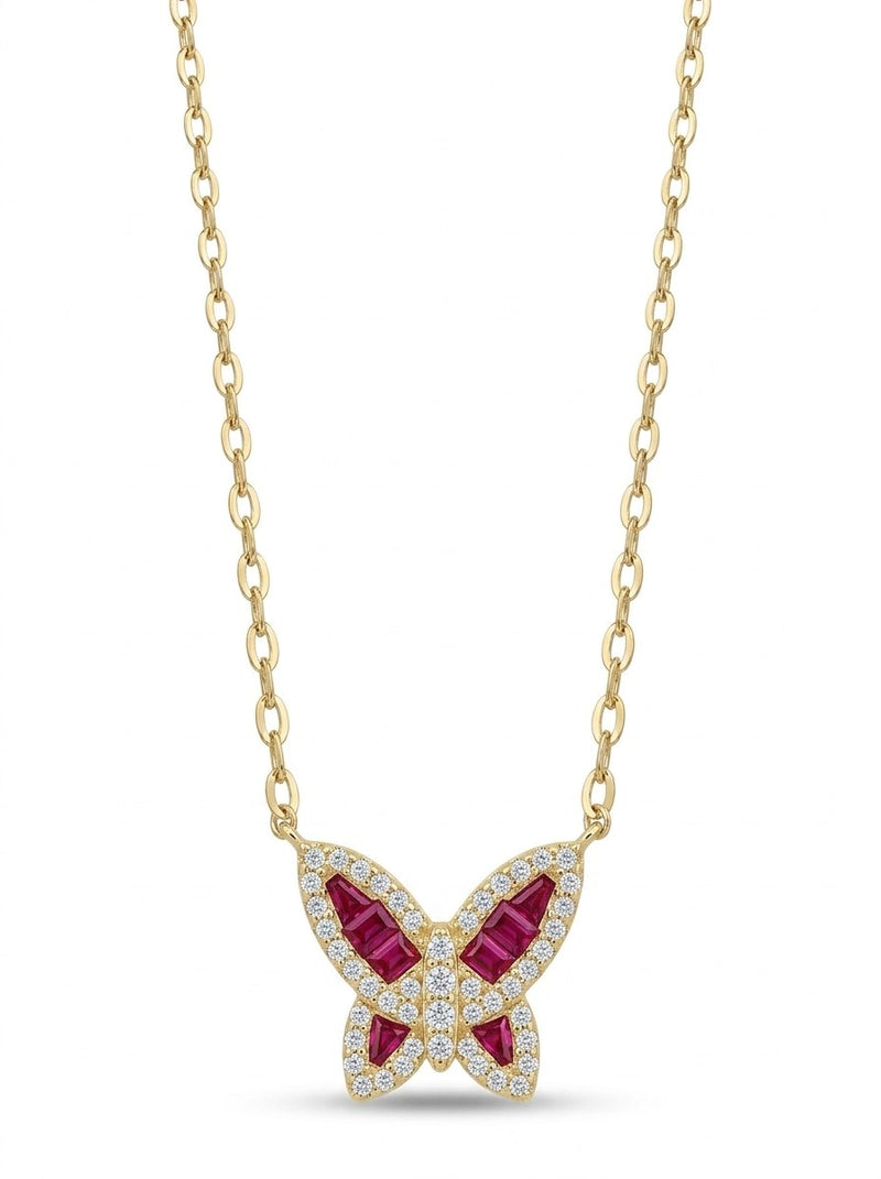 Gargantilla de oro 14k con mariposa de circonias rojas y blancas Mod 6000 - 45 cm