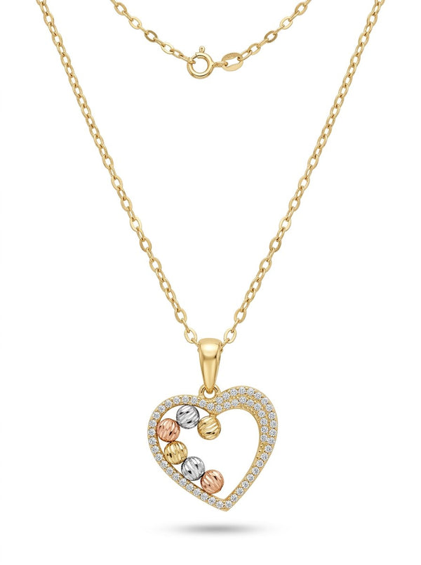 Gargantilla de oro 14k dije de corazón con circonias y bolitas diamantadas tricolor Mod 6001 - 45 cm
