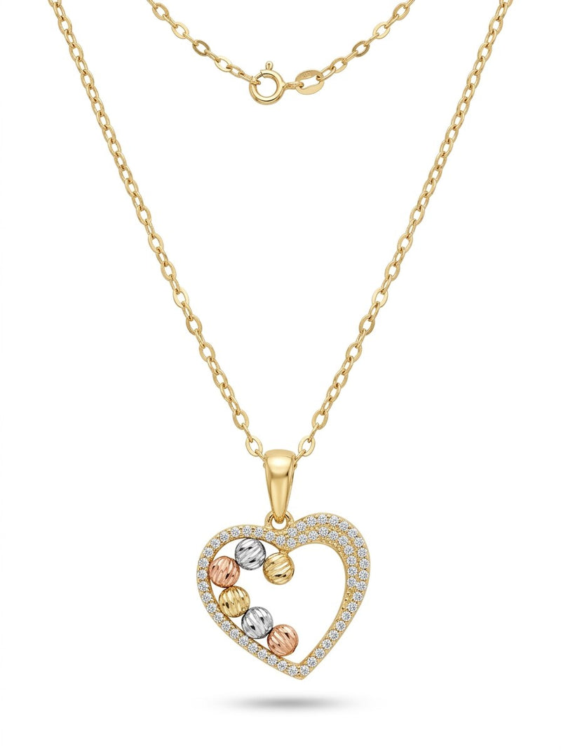 Gargantilla de oro 14k dije de corazón con circonias y bolitas diamantadas tricolor Mod 6001 - 45 cm