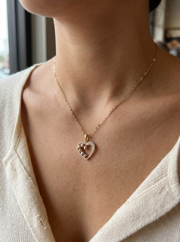 Gargantilla de oro 14k dije de corazón con circonias y bolitas diamantadas tricolor Mod 6001 - 45 cm