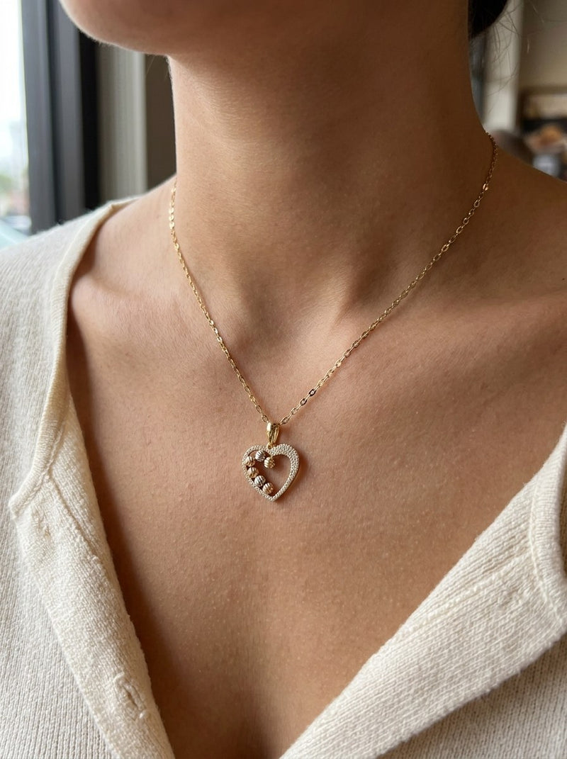 Gargantilla de oro 14k dije de corazón con circonias y bolitas diamantadas tricolor Mod 6001 - 45 cm