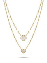 Gargantilla de oro 14k doble cadena con dije de trébol de madre perla y dije de corazón con circonias Mod 6004 - 45 cm