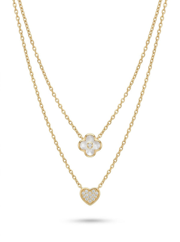 Gargantilla de oro 14k doble cadena con dije de trébol de madre perla y dije de corazón con circonias Mod 6004 - 45 cm