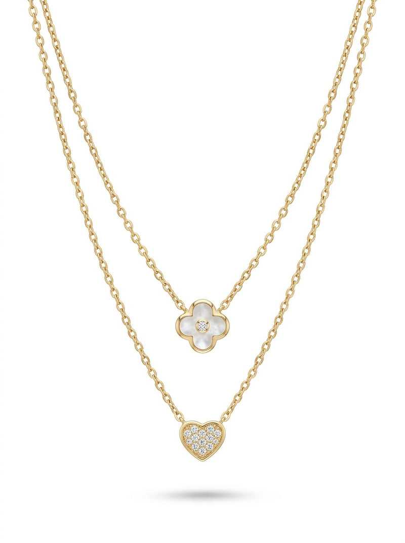 Gargantilla de oro 14k doble cadena con dije de trébol de madre perla y dije de corazón con circonias Mod 6004 - 45 cm