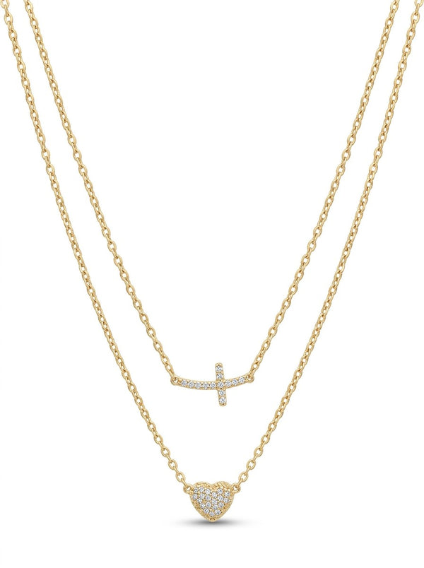 Gargantilla de oro 14k doble capa con cruz horizontal y corazón con circonias Mod 6005 - 45 cm