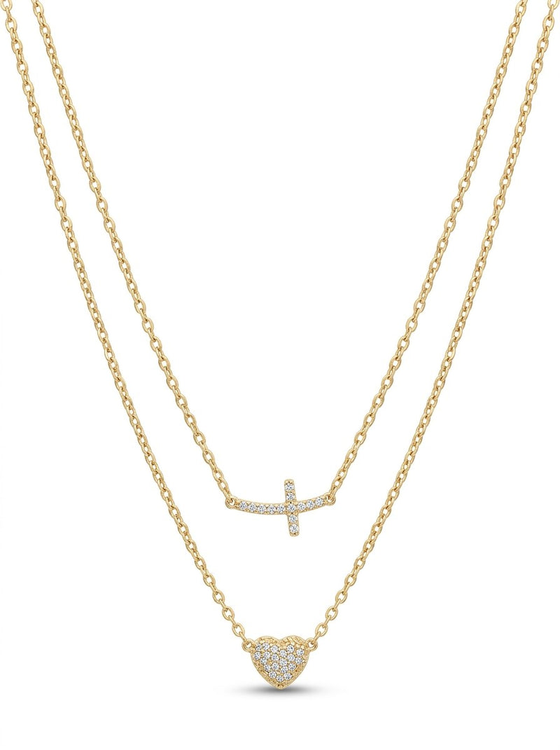 Gargantilla de oro 14k doble capa con cruz horizontal y corazón con circonias Mod 6005 - 45 cm