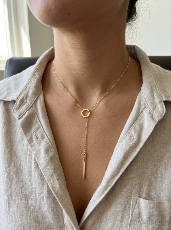 Gargantilla de oro 14k diseño lariat con aro y barra lisa Mod 6006 - 45 cm