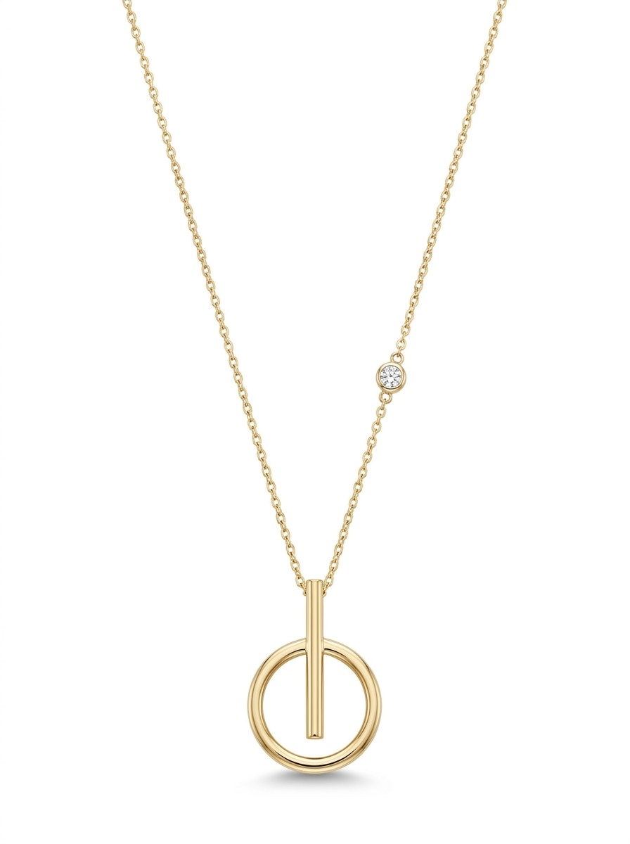 Gargantilla de oro 14k con dije geométrico de aro y barra con circonia lateral Mod 6008 - 45 cm