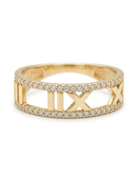 Anillo de oro 10k diseño con números romanos calados y dos filas de circonias Mod 6009