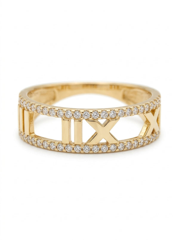 Anillo de oro 10k diseño con números romanos calados y dos filas de circonias Mod 6009