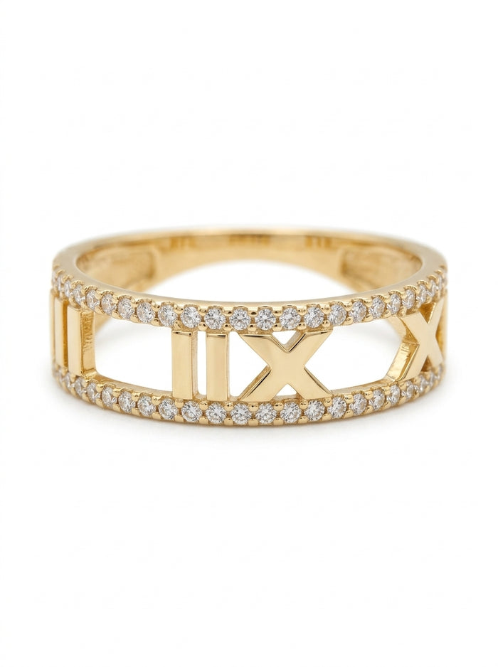 Anillo de oro 10k diseño con números romanos calados y dos filas de circonias Mod 6009