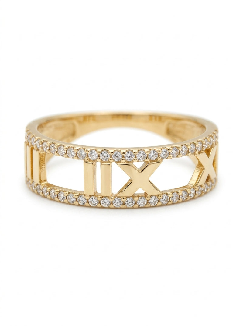 Anillo de oro 10k diseño con números romanos calados y dos filas de circonias Mod 6009