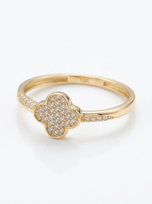 Anillo de oro 10k diseño de trébol con pavé de circonias Mod 6012