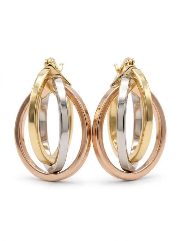 Arracadas de oro florentino 10k diseño de tres aros entrelazados Mod 6016 - 1.5 cm
