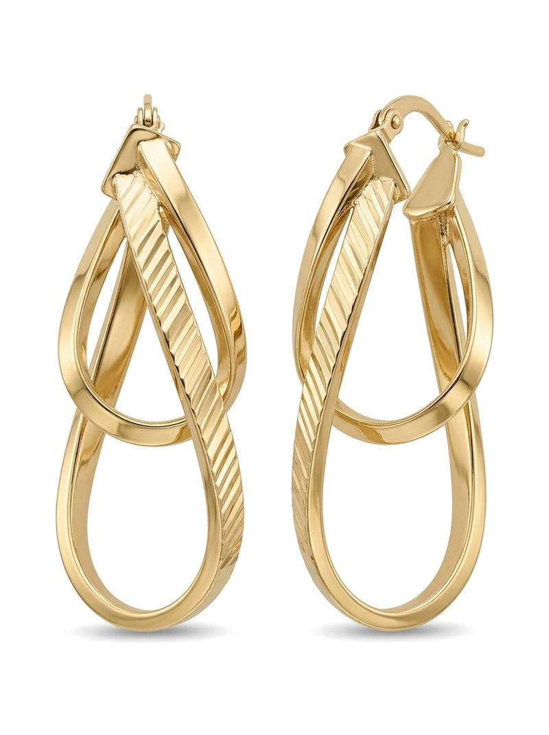 Arracadas de oro 10k diseño entrelazado de doble gota con grabado diamantado Mod 6026