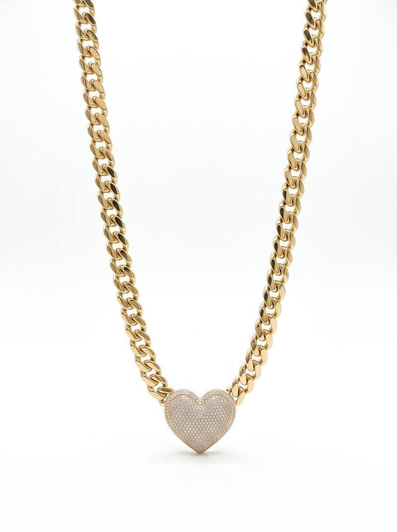 Cadena de oro 10k de Monaco Chain con corazón de pavé Mod 6040 - 50 cm x 8 mm