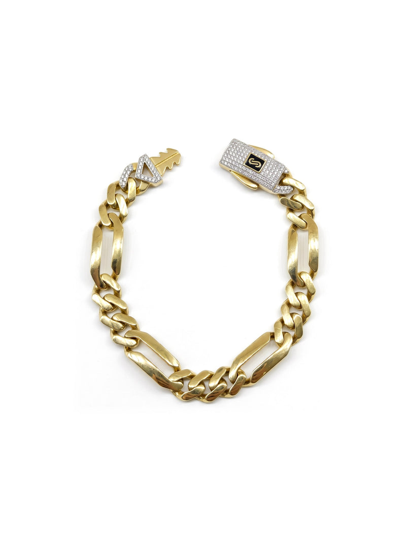Pulsera de oro 14k de Monaco Chain gruesa tejido fígaro con broche de pavé Mod 6049 - 18 cm x 9.5 mm