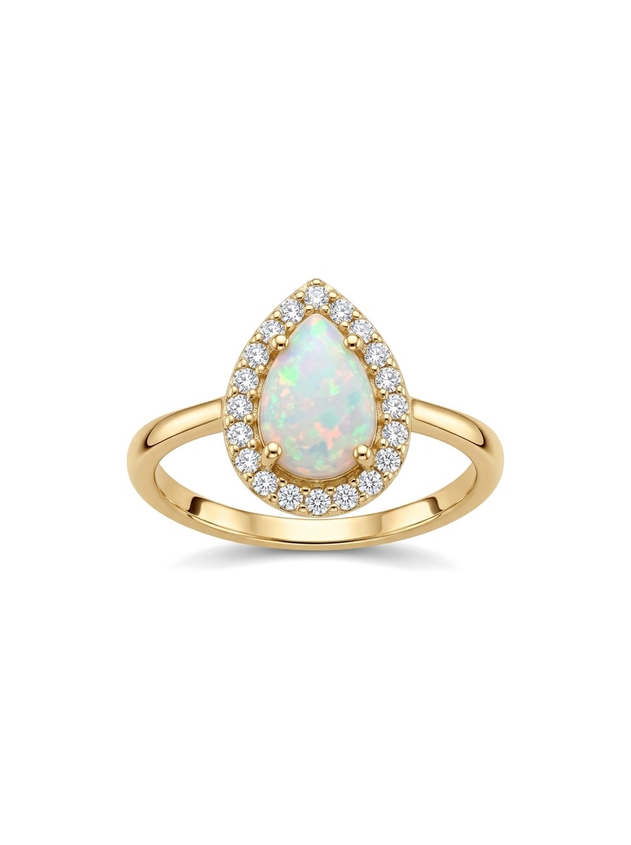 Anillo de oro 14k con ópalo en gota y halo de circonias Mod 6070
