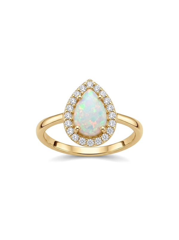 Anillo de oro 14k con ópalo en gota y halo de circonias Mod 6070