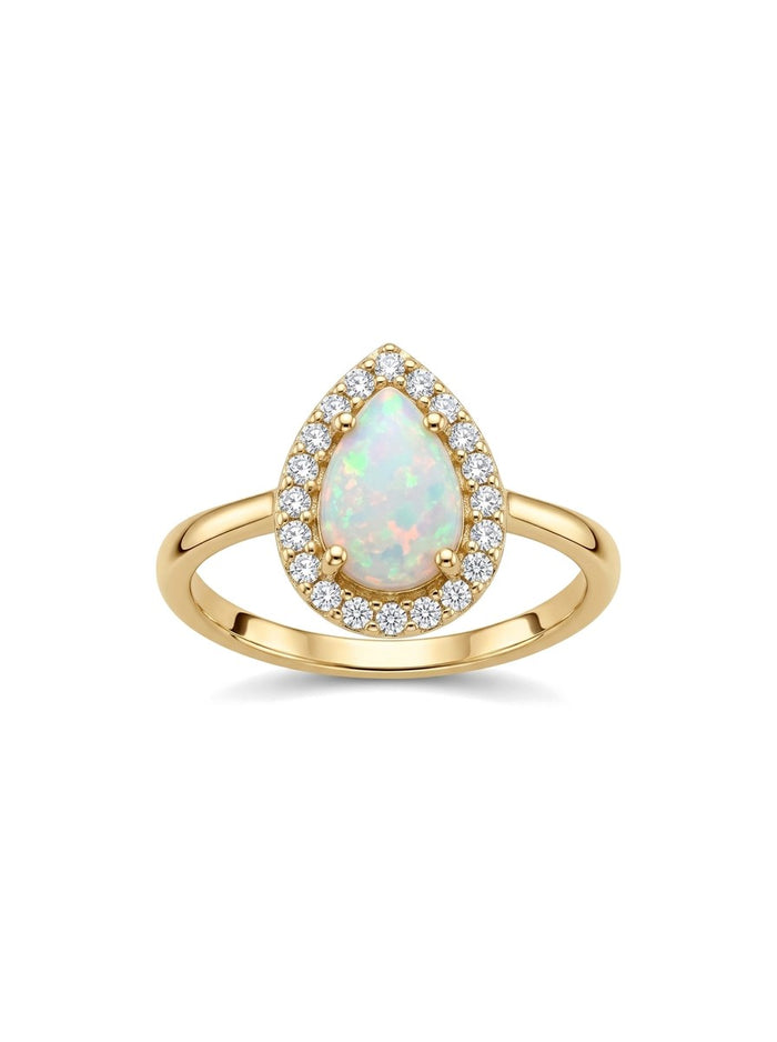 Anillo de oro 14k con ópalo en gota y halo de circonias Mod 6070