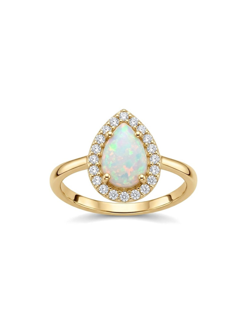 Anillo de oro 14k con ópalo en gota y halo de circonias Mod 6070