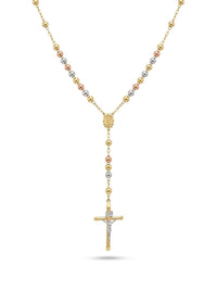 Rosario de oro 14k tres colores de bola lisa para caballero Mod 6078 - 65 cm x 5 mm