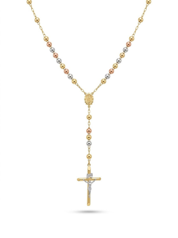 Rosario de oro 14k tres colores de bola lisa para caballero Mod 6078 - 65 cm x 5 mm