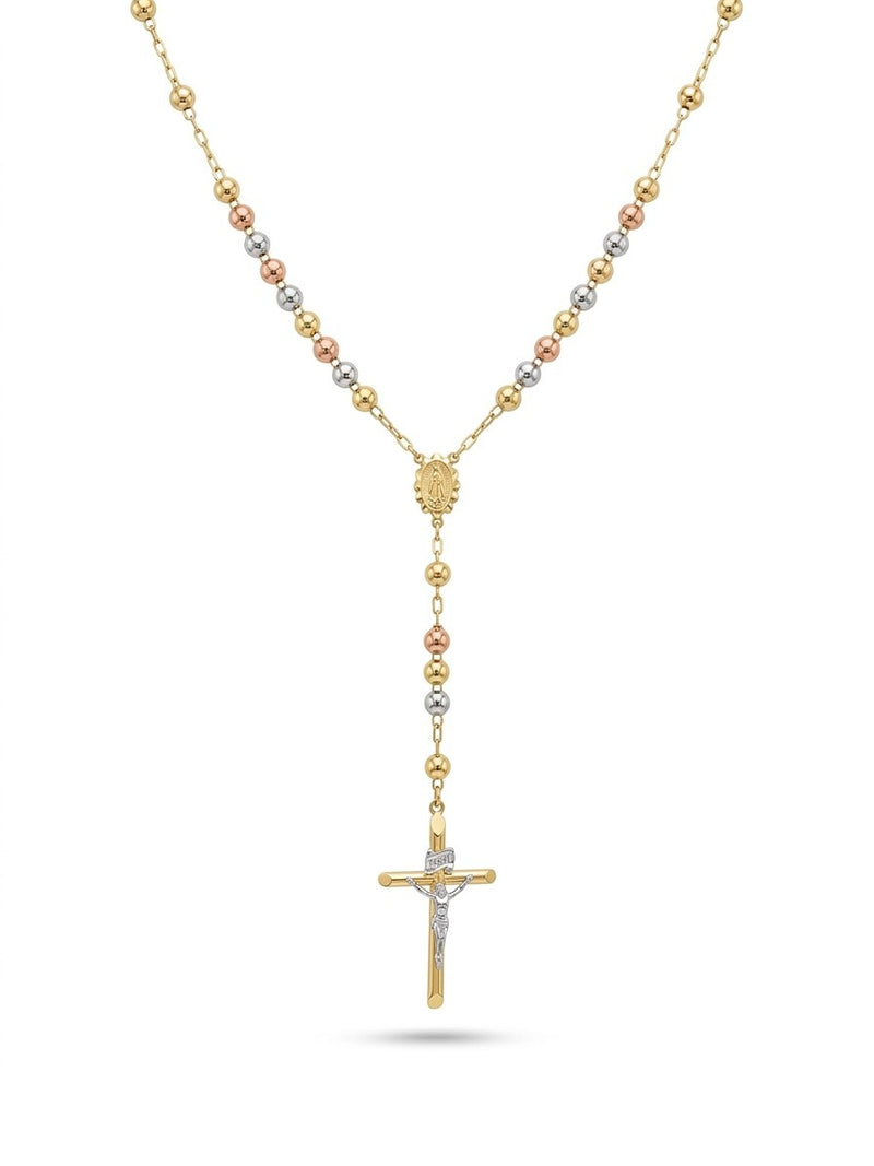 Rosario de oro 14k tres colores de bola lisa para caballero Mod 6078 - 65 cm x 5 mm