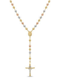 Rosario de oro 14k tres colores de bola lisa para dama Mod 6079 - 50 cm x 5 mm