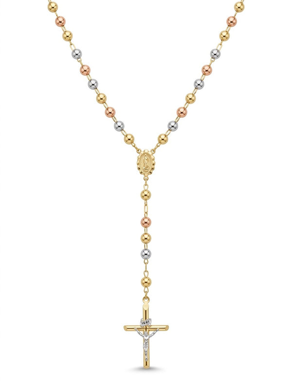 Rosario de oro 14k tres colores de bola lisa para dama Mod 6079 - 50 cm x 5 mm