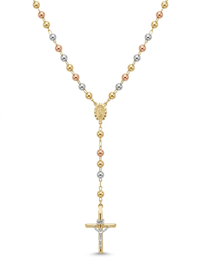 Rosario de oro 14k tres colores de bola lisa para dama Mod 6079 - 50 cm x 5 mm