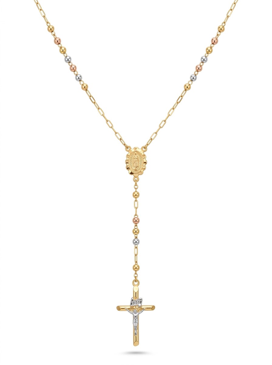 Rosario de oro 14k tres colores de bola lisa en cadena delgada para caballero Mod 6080 - 65 cm x 2 mm